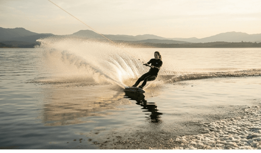 Wakeboarder al atardecer dejando una estela sobre el agua